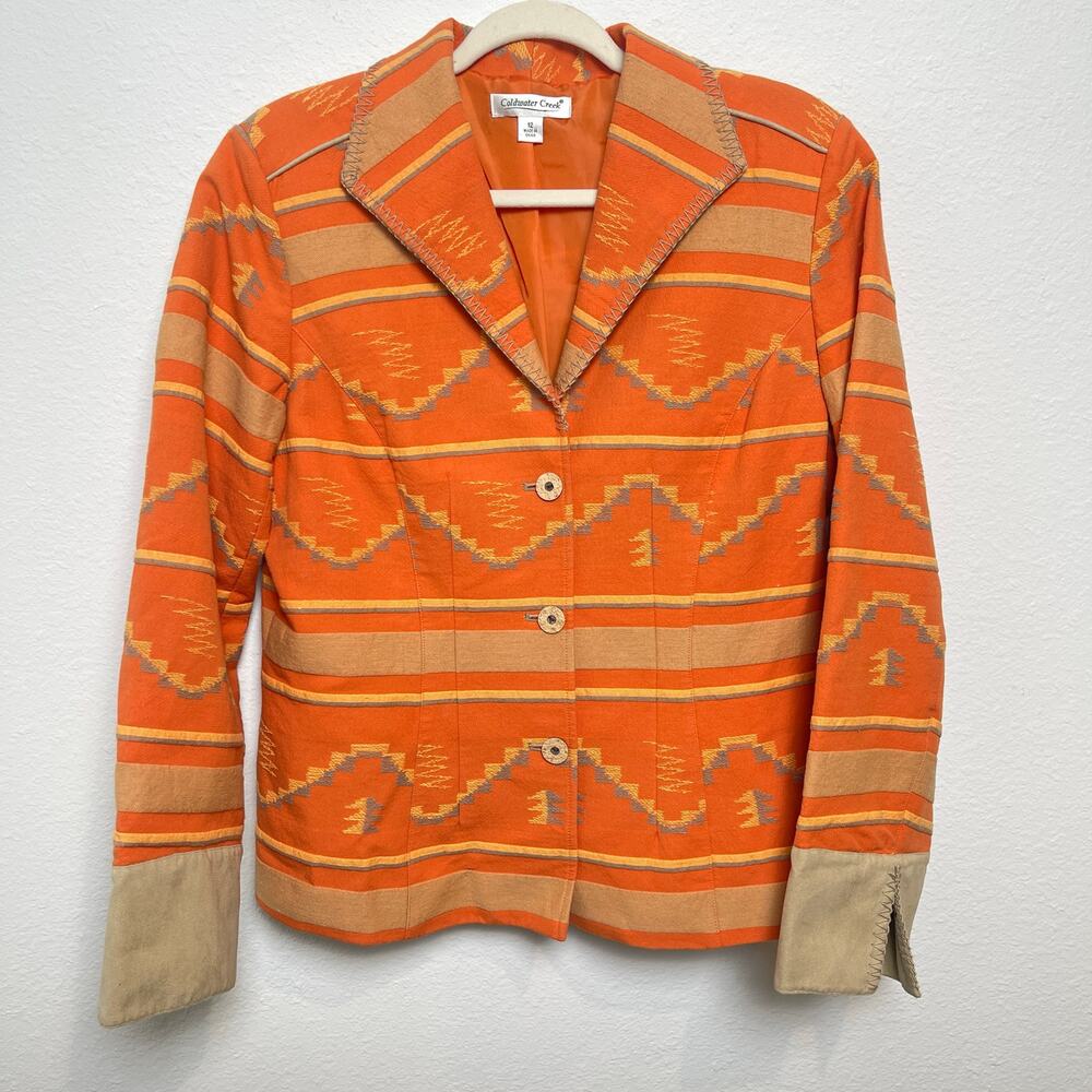 Coldwater Creek Southwestern Blazer Jacket Size 12 Orange Tribal Print Western